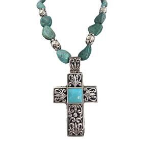 Vintage BARSE Cross Necklace - Genuine Turquoise - Sterling Silver Hand Crafted